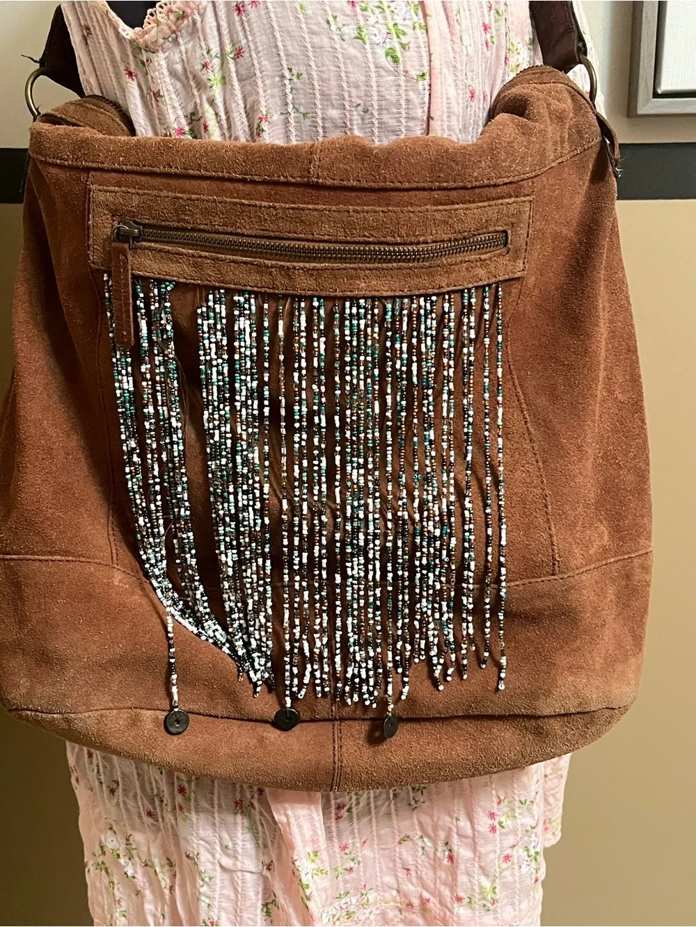 Free People Suede Hobo Shoulder Bag beaded fringe braided shoulder strap BOHO